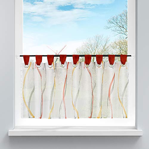 HongYa Scheibengardine Transparenter Voile Bistrogardine mit Schlaufen Wellen Muster H/B 45/90 cm Bunt Rot