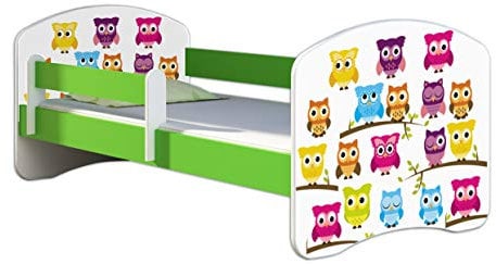 ACMA Kinderbett Jugendbett mit Einer Schublade und Matratze Grün mit Rausfallschutz Lattenrost II 140x70 160x80 180x80 (31 Eule, 160x80)