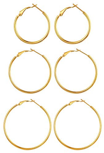 Flongo Damen Groß Ohrringe 3 Paar Set Gestüt Reifen Huggie Ohrringe Creolen Gold große Runden Poliert Chic Elegant Damen Frauen