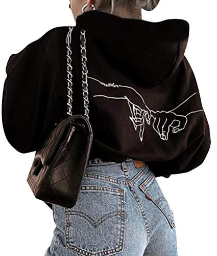 Onsoyours Damen Schmetterling Pulli Sweatshirts Hoodie Sport Langarm Kapuzenpullover Mode Bequem Casual Pulli Mit Kordel Und Taschen A Schwarz XL