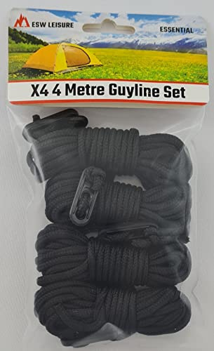 ESW LEISURE Guyline Ropes 4 Pack For Tents Awning Camping Strong Lightweight Paracord Guy Rope With Tensioner Guy Lines Fishing Umbrella Shelter Bivvy Caravan Gazebo Tarp (Black, 4 Metre XL 4 Pack)