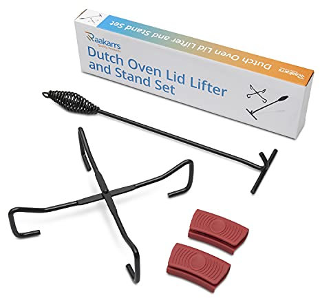 RAAKARRS Dutch Oven Lid Lifter and Folding Lid Stand - with Silicone Handle Grips, Heavy Duty Black-Coated Steel - Lift, Rotate and Support Dutch Oven Lids, for Outdoor, Picnic, and Campfire Cooking