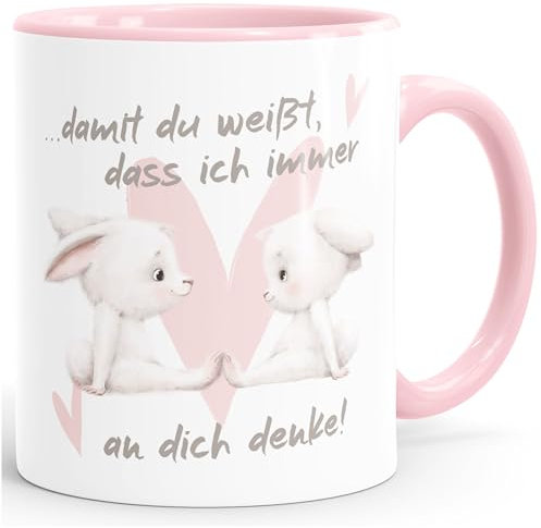 SpecialMe® Kaffee-Tasse Spruch Geschenk Liebe Freundschaft Hasen-Paar Herz Damit du weißt dass ich an dich denke weiss-innen-rosa Keramik-Tasse