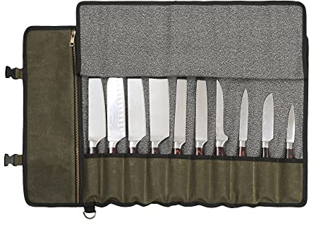 Borsa professionale per coltelli da chef con tessuto anti taglio all'interno, tela cerata resistente da 453,6 g, 10 scomparti e 1 grande tasca con cerniera e manico resistente (verde militare)