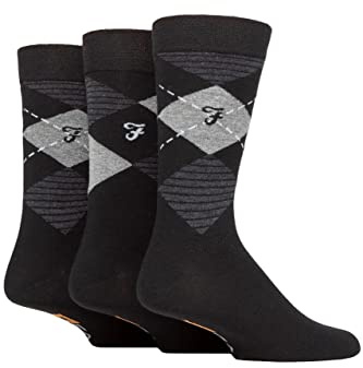Farah Mens Argyle and Striped Cotton Socks 3 Pack Blk/Charc Arg 6-11