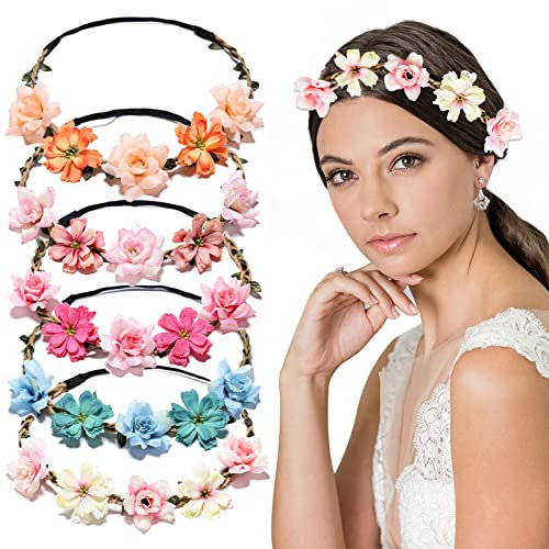 VEGCOO 5PCS Diademas de Flores para Mujeres Niñas, Corona de Flores Multicolor Tocados para Niña Accesorios para el Cabello para Bodas Fiesta Festival