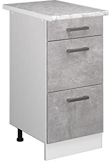 Vicco Küchenunterschrank R-Line, Beton/Weiß, 40 cm mit Schubladen, AP Marmor