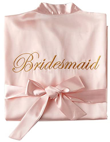 Femme Peignoir Satin Soie Col V Court Kimono Robe de Demoiselle d'honneur avec Broderie,Bridesmaid Rose,L