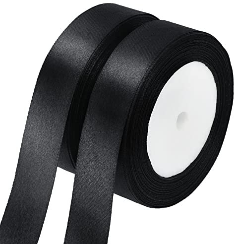 jijAcraft Satinband Schwarz 20mm, 44 Meters Dekoration Geschenkband Breit Schleifenband, Schwarz Stoffband für Hochzeit, Trauer und Geschenkverpackung (22m/Rollen)
