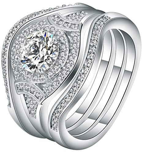 Zirkonia Ring Silber, Eheringe Frauen Größe 54 (17.2) 3 Ring Set Eleganter Runder Kristall Valentinstag Ring Geschenk