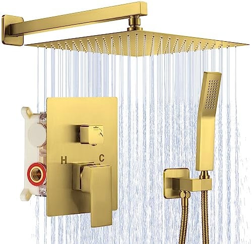 JOMEOO 12 Brushed Gold Shower System Wall Mounted High Pressure Rain Shower Head with Handheld Shower Head Bathroom Luxury Gold Shower Head Shower Faucet Set Rough Valve Body and Trim