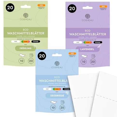 Cosmeau Waschmittel Blätter Mix Pack - bis zu 60 Waschgänge (30 Blätter) - Nachhaltiges Waschmittel für Weiß, Farbe und Schwarz - Plastikfrei, Abbaubar & Perfektes Reisewaschmittel
