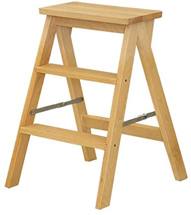 AYVADA Klappstuhl/Leiter mit 3 Stufen, Holzleiter, großer breiter Hocker, Gartengerät für den Heimgebrauch, strapazierfähig, Tragfähigkeit 150 kg, 42 x 48 x 60 cm (Größe: Holz)