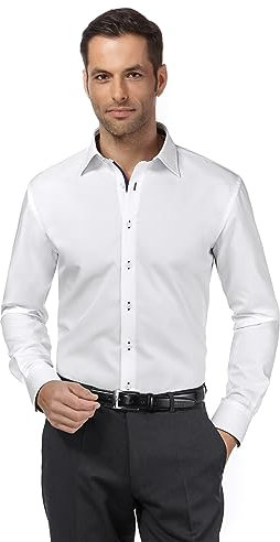 Vincenzo Boretti Herren Hemd bügelfrei 100% Baumwolle Regular-fit Uni-Farben dunkelblau/weiß 43-44