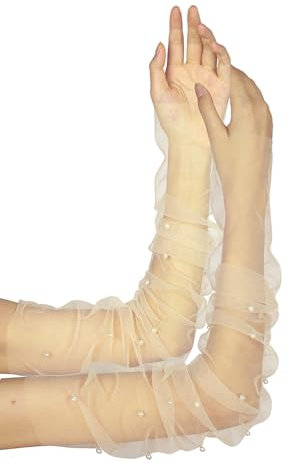 GRYUIRY Lange Tüll-Perlenhandschuhe, fingerlos, Perlen, durchscheinend, Brauthandschuhe für Hochzeit, Tee, Oper, Party, Hallowma, Kostümzubehör, Champagner, Einheitsgröße
