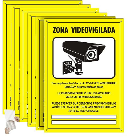 DAOUZL Señal Zona Videovigilada, Cartel Videovigilancia 30x 21cm, Carteles de Zona Videovigilada, Cartel Zona Videovigilada Interior/Exterior, PVC, con Autoadhesivo y Agujeros Pretaladrados (6)