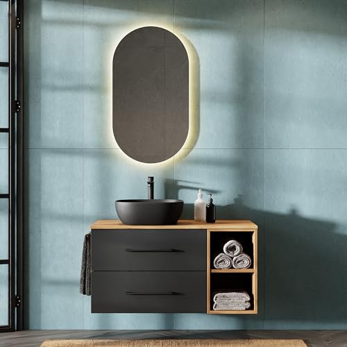 Planetmöbel LUX Badmöbel Set Waschbecken mit Unterschrank 100 cm, Aufsatz-Waschbecken 42 cm schwarz, Spiegel 50 cm (ohne LED), Waschbeckenunterschrank Gold Eiche/Anthrazit