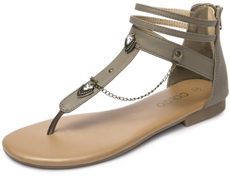 Colgo Thong Flat Sandals with Chain, Ankle Strap Zip Closure Flat Sandals, Women's Casual Sandals for Summer Party (Grey/Sdl,9)