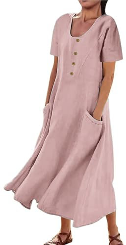 AUDATE Women's Summer Loose Cotton Dress Linen Maxi Dress Short Sleeve Button Casual Solid Color Plus Size Long Dress Pink 3XL