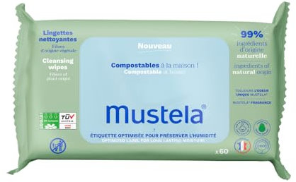 Mustela Lingettes à langer compostables parfumées, 100% fibres végétales Lyocell, corps et maquillage, bébé et famille - 99.5% d'ingrédients d'origine naturelle (60 Pcs)