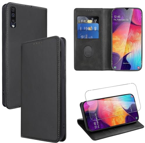 Vauki Hülle Leder für Samsung Galaxy A50/A50s/A30s Handyhülle mit 1 Schutzfolie, Standfunktion Kartenfach Wallet Schutzhülle Flip Case Cover Stoßfeste Klapphülle für Samsung Galaxy A50 6.4,Schwarz