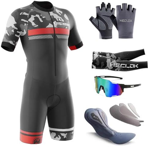 HECLOK Mens One-Piece Trisuit,Short Sleeve Triathlon Tri Suit with Storage Pocket,Quick-Dry Summer,Bike Swim Run (TYP-1,L)