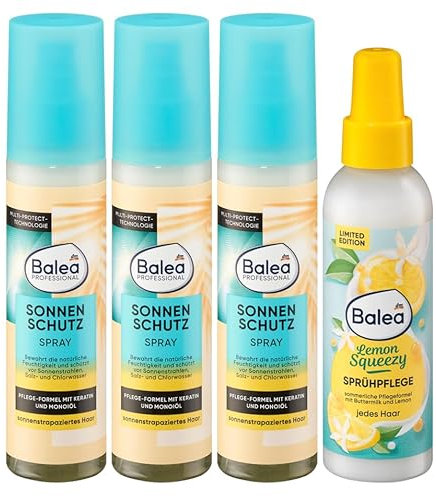 Balea 4er-Set Haarpflege: Professional SONNENSCHUTZSPRAY schützt vor Sonnenstrahlen, Salz, Chlorwasser + bewahrt Feuchtigkeit (3 x 150 ml) + Sprühkur LEMON SQEEZY bessere Kämmbarkeit (150 ml), 600 ml
