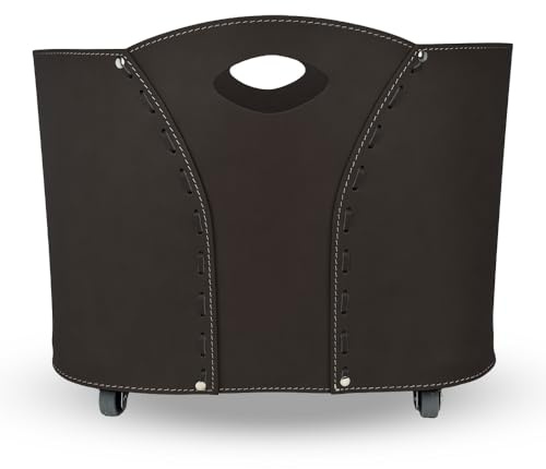 LIMAC Design VOLTA contenitore portalegna in cuoio, borsa porta legna da interno, cesto moderno per legna da ardere, con ruote gommate, prodotto in Italia. Marrone Scuro