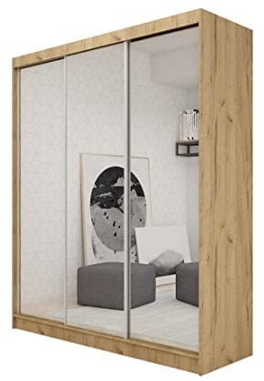Margaret Hadas24 Kleiderschrank Darix mit Spiegel, Organizer, Mehrzweckschrank, Schwebetürenschrank, Garderobenschrank, Kleiderstange, Kleiderständer, Flurschrank, 3-türig, Schrank, braun, 180 cm