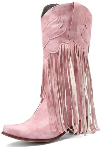 WEHAM Rosa,35,Stivali da Cowboy Western con Frange a metà Polpaccio per Donna, Stivali da Equitazione a Polpaccio Largo con Tacco Spesso e Punta, Stivaletti da Cowgirl Classici e Comodi
