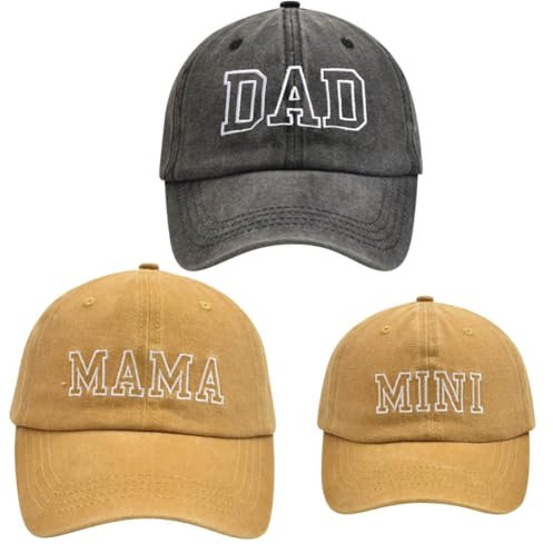 ZUYYON 3 Stück Eltern-Kind-Baseballmützen, verstellbar, für Mama, Vater, Mini-Tochter, Sohn, bestickte Kappe, passende Retro-Familienhüte, Schwarz, Gelb, Einheitsgr��e