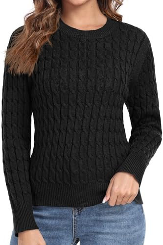 QIXING Women's Cable Knit Jumper Cosy Long Sleeve Round Neck Pullover Casual Sweater Tops for Ladies UK(Black, L)