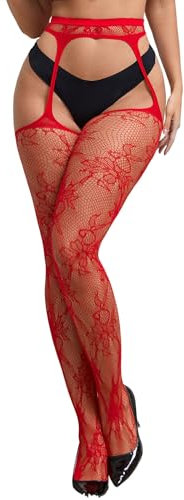comeondear Medias con Liguero para Mujer Talla Grande Altas de Tirantes Encaje Medias Rejilla de Cintura Alta de Calcetines Malla Pantimedias Elástica Lencería Femenina Ropa Interior Rojo,3XL-5XL