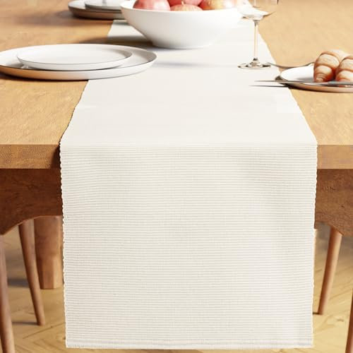 Encasa XO Tischläufer | Garngefärbte Feinripp-Baumwolle | Größe 32x183 cm | Solide aus weiß | Maschinenwaschbar