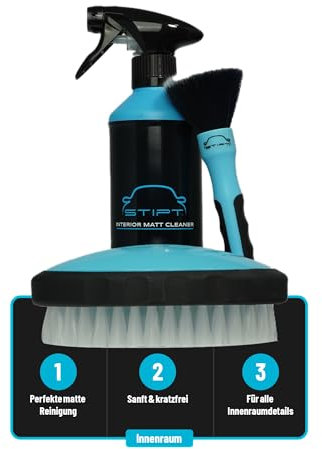 Stipt Matt Combi - Set mit Interior Matt Cleaner, Cleaning Brush und Interior Detail Brush - Für Leder, Stoff, Skai und Alcantara - Reinigt und mattiert Oberflächen