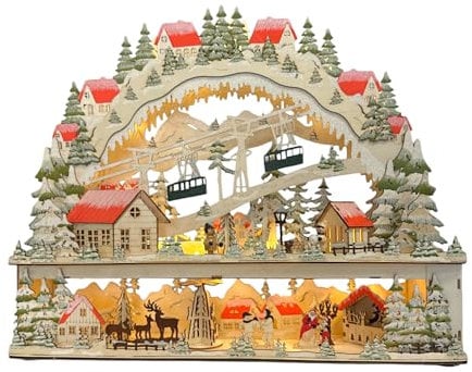 Wichtelstube-Kollektion XL LED Schwibbogen Skifahrer im Gebirge Lichterbogen mit Podest innenbeleuchtet Schwippbogen Weihnachten Holz beidseitig bemalt 50cm groß