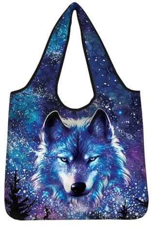 chaqlin Blauer Tierwolf Einkaufstaschen Große Wiederverwendbare Tragetaschen Damen Lebensmittel Taschen Organizer Faltbare Einkaufstasche Shopping Schulter Handtasche mit Innentasche
