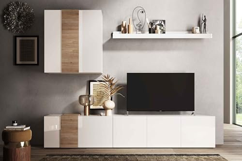 AVANTI TRENDSTORE - Cermenate - Moderne Wohnwand aus laminiertem Holz in Weiß Hochglanz / Kadiz Eiche - perfekt für jedes Wohnzimmer - Maße LAP ca. 301x195x44cm