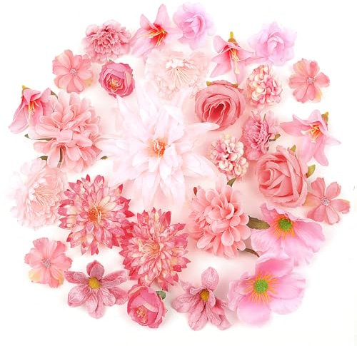 YSWOVUO 29 Pieces Têtes de Fleur Artificielle, 13 Espèces 4~13cm Fleurs Artificielles Deco, Fausse Fleur en Tissu pour DIY Scrapbooking Bouquet Artisanat Mariage Gâteau Fête Jardin, Rose