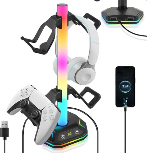 RGB Headset Halterung, RGB Gaming Kopfhörer Ständer, 7+1+1 Ambience-Modus, USB Type-C Datenübertragung, Universal Speicher Organizer für Gamer PC Xbox ONE PS5 Gaming Zubehör(Schwarz)