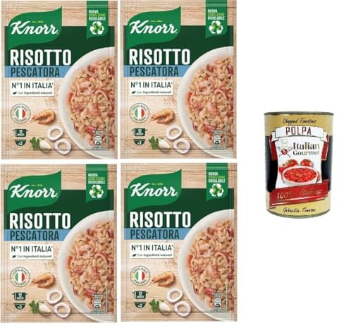 Knorr Risotto Alla Pescatora,fertiges Risotto mit natürlichen Zutaten,100% italienischem Reis und Chicci al Dente, zubereitet in der Pfanne oder in der Mikrowelle, 4x175 g+Italian Gourmet polpa 400g