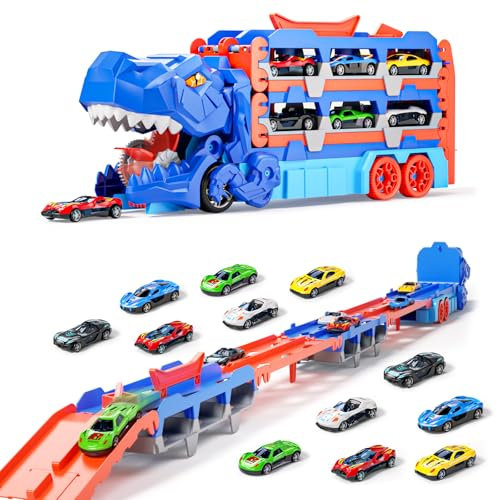 Doloowee 2-in-1 Dinosaurier Transporter-Set für 3 4 5 jährige Jungen, 155 cm Spur Rennwagen Spielzeug Tragbare Transport LKW Spielzeug mit 12 Mini Rennwagen