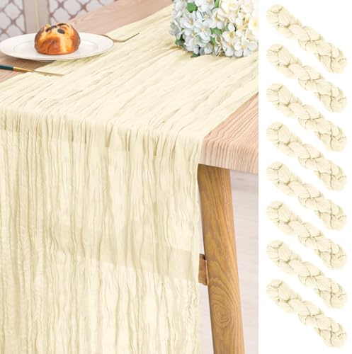 8 Stück Elfenbeinfarben Käsetuch Tischläufer für Hochzeit,55 x 300 cm | 3 m lang, rustikale Gaze Boho-Stil halbtransparent Hochzeits Seihtuch Tischläufer für Hochzeit, Brautparty, Party, Bankett