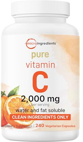 Pure Vitamin C 2,000mg, 240 Veggie Capsules | Highly Bioavailable Fat & Water Soluble Forms | Max Potency | Antioxidant & Immune Support Supplement | Easily Absorbed, Non-GMO, Filler Free