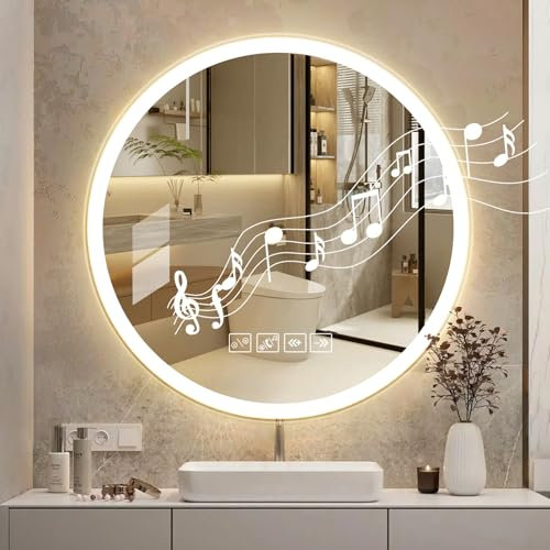 Hondony Specchio Rotondo Bagno Led Luce 60cm, Smart, Antiappanamento,Vetro Temperato HD, Funzione memoria Dimmerabile con musica Bluetooth