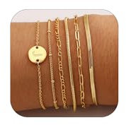 Armband Damen Gold, 6 Stück Armbänder 14K Vergoldet, armband mit buchstaben J Stapelbare schmuck Bracelet Set Geschenk für Damen, Mädchen, Frau, Freundin, Mama