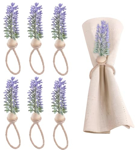 HICOHAND Lavendel-Serviettenring-Set, rustikale Bauernhaus-Boho-Serviettenringe, Halter, dekorative Serviettenschnallen für Frühling, Hochzeiten, Bauernhaus-Tischdekoration, 6 Stück