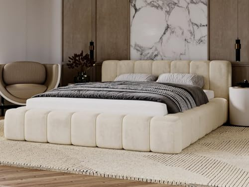 GRAINGOLD Ibiza Bett, Polsterbett mit Bettkasten, Polsterbett mit Stauraum, Samt, mit Lattenrost, mit Kopfteil, ohne Matratze (Beige, 140x200)