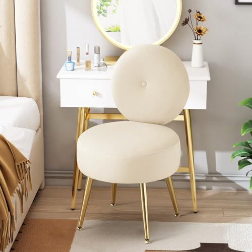 Ckaff Fauteuil Coiffeuse, Fauteuil de Salon Chaise Coiffeuse en Velours, Fauteuil Rembourré avec Pied Métal et Dossier pour Chambre à Coucher Coiffeuse Salon, Beige