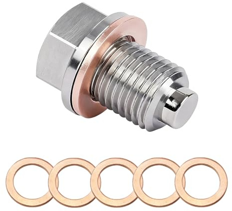 Whimsigulp 1pcs Magnetic Oil Drain Plug – Stainless Steel Sump Bolt with 5pcs Copper Crush Washer, Magnetic Oil Plug for Cars & Motorcycles, Universal M14x1.5 Replacement, Durable Anti-Leak Engine Oil